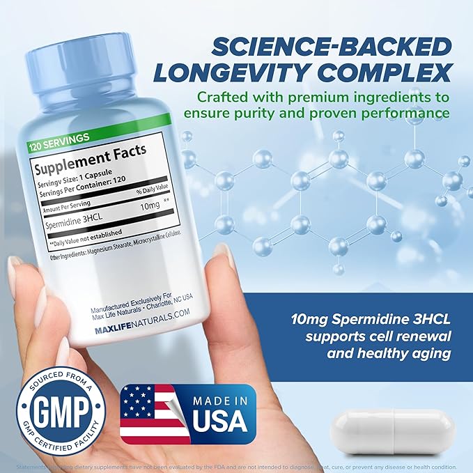 MaxLife Naturals Pure Spermidine Supplement with Trihydrochloride 3HCL 10mg - 120 Capsules Spermidine Supplements for Men and Women, Brain Focus & Cellular Vitality, Cell Renewal Support, Made in USA