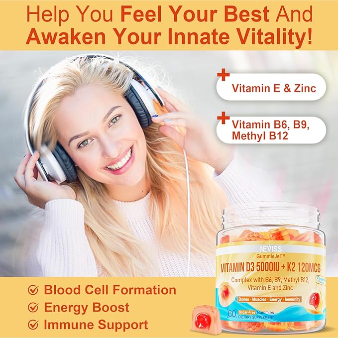 Vitamin D3 5000IU + K2 (MK-7) 120mcg, Sugar-Free Vitamin D3 K2 Filled Gummies with Vitamin B Complex - Methyl B12, B9, B6 | Vitamin E & Zinc, MCT Oil - Supports Bone & Teeth Strength, Immune, 2PACK