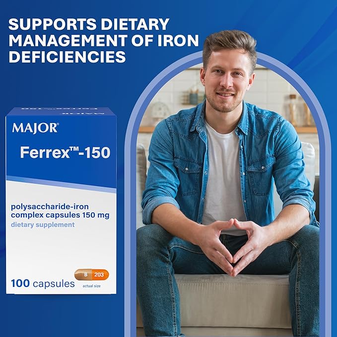 MAJOR Ferrex-150 Polysaccharide-Iron Complex Capsules 150mg Iron Supplement for Women and Men – Gentle on Stomach – 100 Capsules (2 Pack)