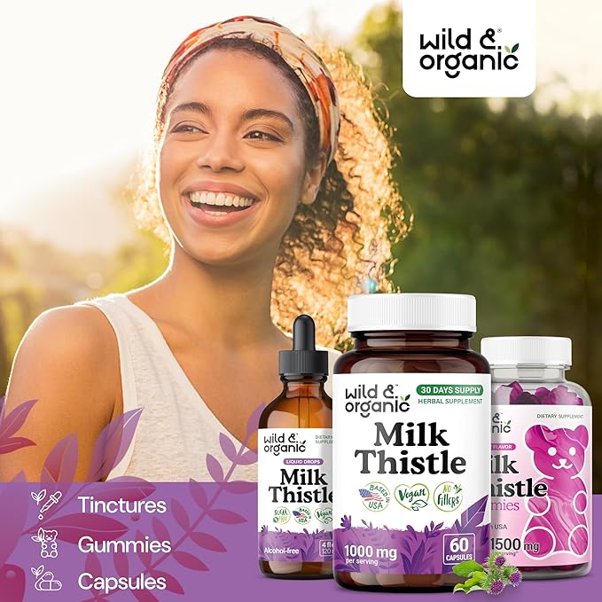 Wild & Organic Milk Thistle Capsules 1000mg - Liver Support Supplement - Silymarin Milk Thistle Powder for Liver Cleanse - 60 Vegan Capsules - 1-Month Supply - No Fillers, Non-GMO
