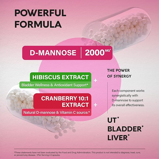 NUTRAHARMONY D-Mannose 2000mg with Cranberry & Hibiscus - Clinically Tested Strength for Urinary Tract Health - Supplement for Women - Bladder, Liver & Microflora Support - Vegan, 180 Capsules