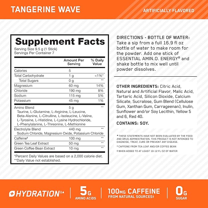 Optimum Nutrition Essential Amino Energy Plus Electrolytes Stick Packs, Energy Powder, Tangerine Wave, 7 Count