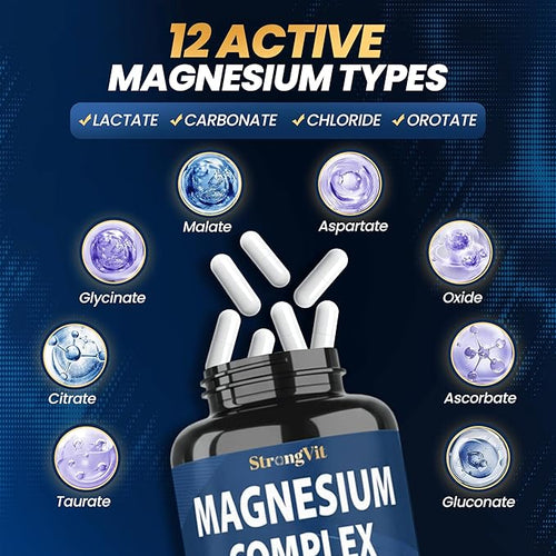1000mg Magnesium Complex for Women and Men, 12 in 1 Magnesium Supplement with Ashwagandha, Zinc, D3, L-theanine. Easy to Swallow, High Absorption, Sleep Support & Stress Relief (120 Capsules)