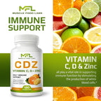 | C D Z | Vitamin C, 1000mg | Vitamin D3, 125mcg | Zinc, 25mg | Non-GMO & Gluten Free | 120 Vegetarian Capsules | 120 Servings