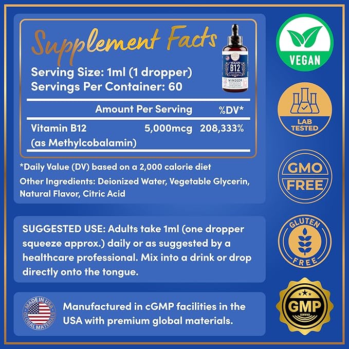 Vegan Vitamin B12 Liquid - Max Strength Methylcobalamin B12 Sublingual 5000 mcg - Fast Absorbing Supplement for Mood, Memory and Energy Support - Non-GMO, Gluten-Free, Citrus Flavor B 12 Drops, 2oz