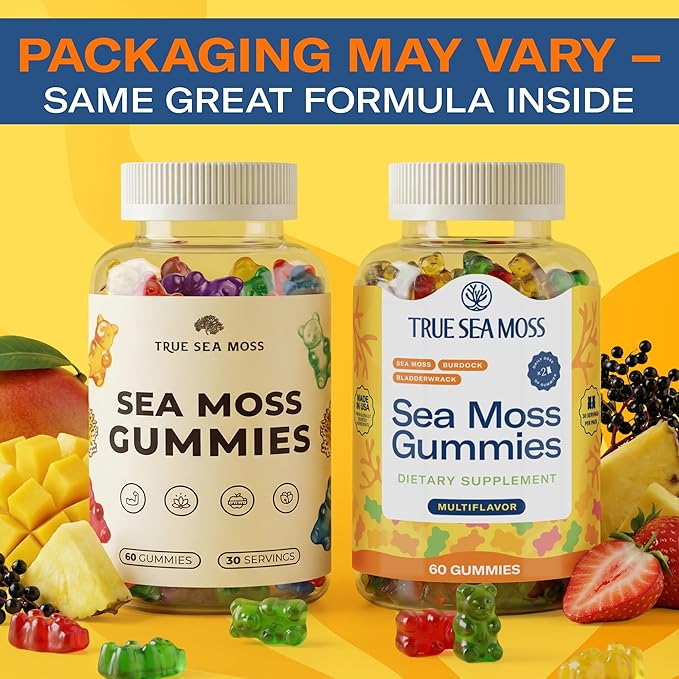 TrueSeaMoss Irish Sea Moss Gummies with Burdock Root & Bladderwrack – Formula for Adults & Kids – 60 Gummies (Packaging May Vary)