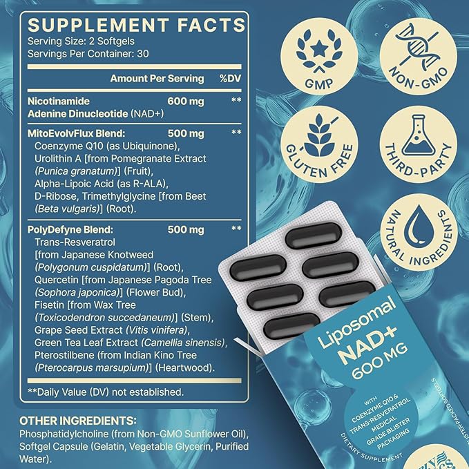 NAD+ Supplement 1600mg Extra Strength - Liposomal NMN Alternative with Resveratrol, Urolithin A, CoQ10, Quercetin & ALA - Mitochondrial Energy & Anti-Aging, Cell Regeneration, 120 Softgels
