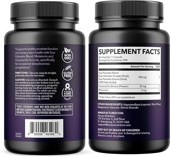 Saw Palmetto PM for Men with Melatonin 3mg - Night Time Prostate Health Supplement for Bladder and Sleep Support - Reduce Urinary Frequency - 200 Count - Vegan, Non-GMO Capsules - Over 6 Month Supply
