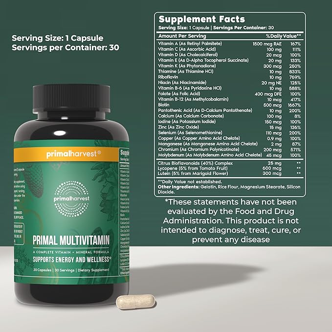 Primal Harvest Primal Multivitamin - Daily Multi-Vitamin Supplement with 21 Essential Vitamins & Minerals for Women & Men - Vitamin A, C, D, E, B12, B6, Biotin, Folic Acid, Zinc, Copper & Selenium