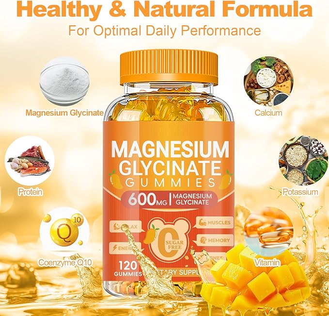 Magnesium Glycinate Gummies 600mg, Chewable Sugar Free Potassium Magnesium Gummies with Magnesium Glycinate, Vitamin D, B6 and CoQ10 for Sleep, Relaxation, Brain & Muscle, 120 Count