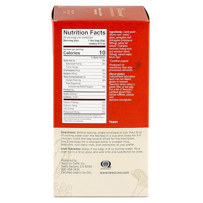 Teeccino Mushroom Herbal Tea - Turkey Tail Astragalus Toasted Maple - Caffeine Free, Prebiotic, 3x More Herbs - 25 Tea Bags