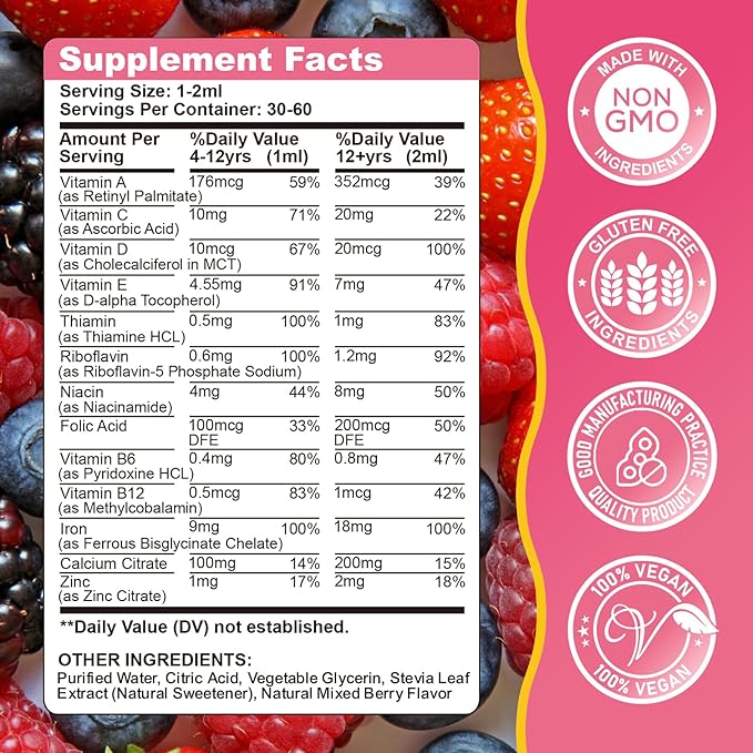 Liquid Iron Supplement for Kids, Women & Men - with Calcium, Zinc, Kids Multivitamin with Iron Drops - Blood Builder & Energy Support for Iron Deficiency, Anemia, Mixed Berry Flavor 2 Fl Oz