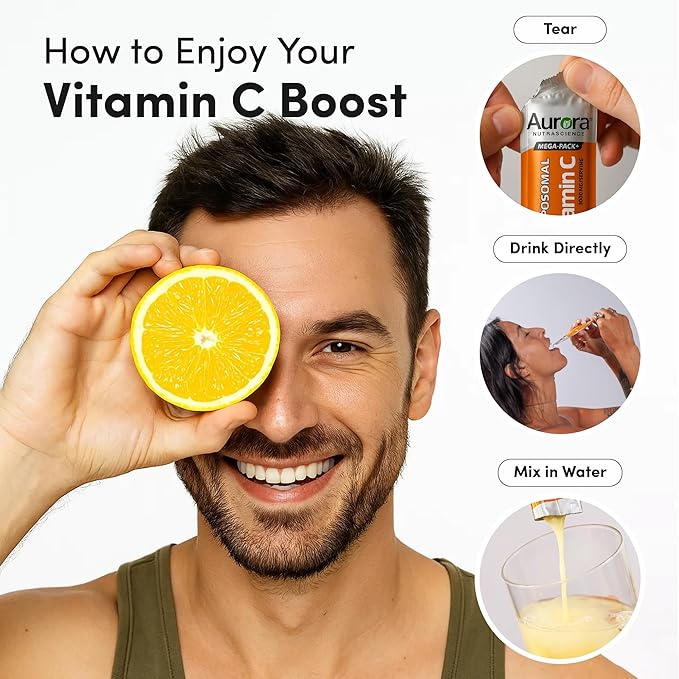Aurora Nutrascience Liposomal Liquid Vitamin C - Healthy Immune Support Supplement for Adults, Sugar Free, 1000 mg per Serving, Vegan, Gluten Free, Non-GMO - 30 Single Serve Packets, Orange