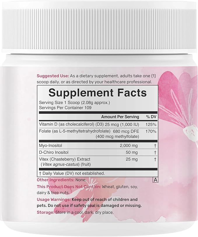 Myo-Inositol & D-Chiro Inositol Supplement Powder for Women | 40:1 Ratio with Methylfolate, Vitamin D3 & Vitex | Supports Hormonal Balance & Ovarian Health | Non-GMO | 8oz (109 Servings)