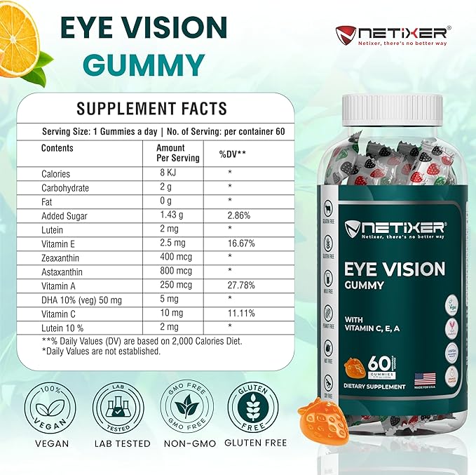 Eye Vision Gummies – 60 Berry-Flavored Vegan Gummies with Lutein, Zeaxanthin, Astaxanthin, DHA, Vitamins A, C, E – Gelatin-Free, Gluten-Free | Individually Wrapped