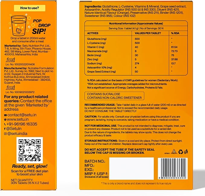 SETU Glutathione Effervescent Tablets with 500mg L-Glutathione & Vitamin C | Sugar-Free Antioxidant Supplement | Mixed Berry & Orange (Pack of 6) | 90 Tablets