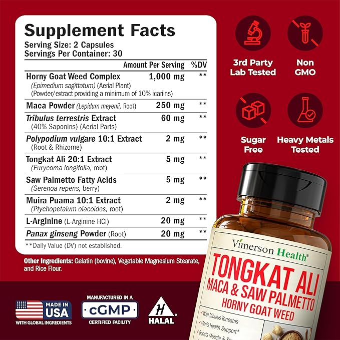 HornyGoatWeed for Men (1000mg per Serving) – Male Enhancing Supplement w/ Maca Root, Tongkat Ali, Saw Palmetto, Panax Ginseng, Tribulus Terrestris & L-Arginine for Energy, Drive & Strength, 60 Count