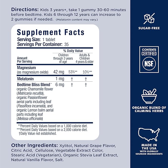 Mommy's Bliss Kids Sleep Chewable Tablets, Melatonin, Magnesium & Calming Herbs, Grape Flavor, Sugar Free Kids Melatonin, Age 3+ (35 Servings), 35 Count (Pack of 1)