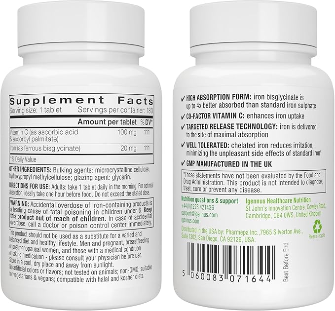 Igennus Clean Iron Bisglycinate 20mg, Vitamin C, 6 Month Supply, Gentle Chelated High Absorption Formula & Targeted Release Ferrous Bisglycinate for Women and Men, One Daily, Vegan, 180 Tablets