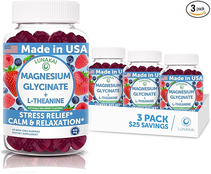 Lunakai USA Made Magnesium Glycinate Gummies 426mg with L-Theanine – Calm, Sleep, Stress Relief for Adults & Kids, Non-GMO, Vegan - 3 Pack