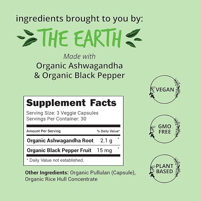 Organic Ashwagandha Capsules 2100mg | Stress Relief Supplement | Extra Strength, 100% Herbal, Energy, Mood & Cortisol Manager, Includes Black Pepper for High Absorption | Non-GMO, 90 Ct