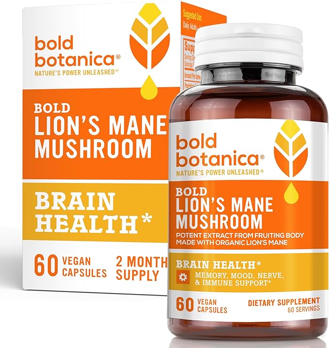 Bold Botanica Organic Lions Mane Supplement Capsules - 100% Fruiting Body Dual Extract - 115mg Beta-Glucans - Lion’s Mane Mushroom Extract for Brain, Memory & Mood, Immune Support - 60 Vegan Capsules