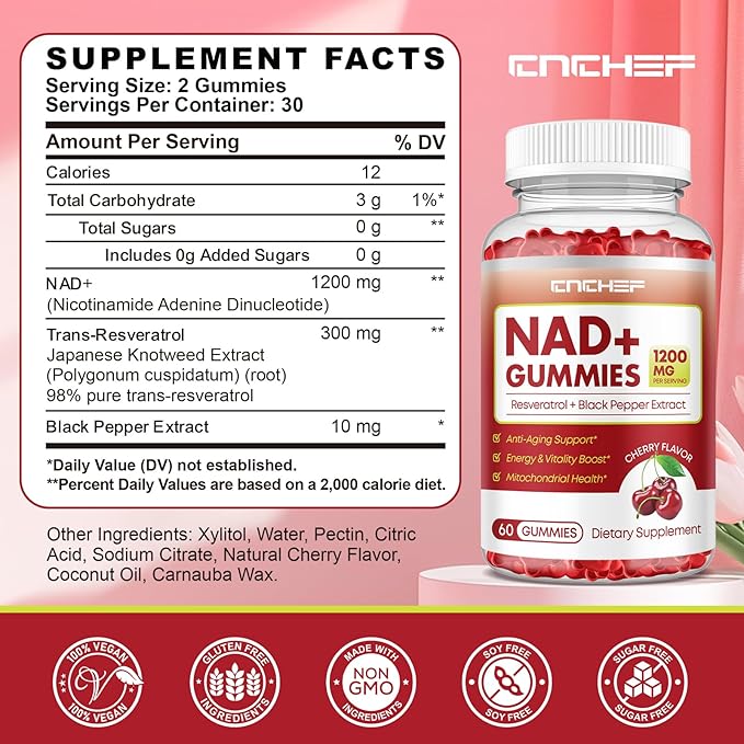 NAD+ Gummies, 1200mg Liposomal NAD Supplement for Women & Men with Trans-Resveratrol & Black Pepper Extract Anti-Aging Supplement, Brain & Cellular Mitochondrial Health - 60 Gummies Cherry