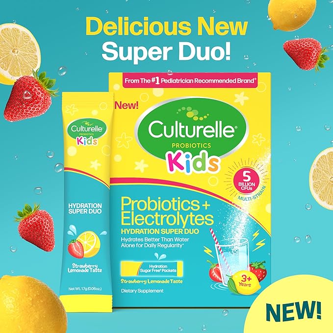 Culturelle® Kids Probiotics and Electrolytes Hydration Super Duo, Strawberry Lemonade, Sugar Free‡ Powder Packets for Immune and Digestive Support, 30 Count