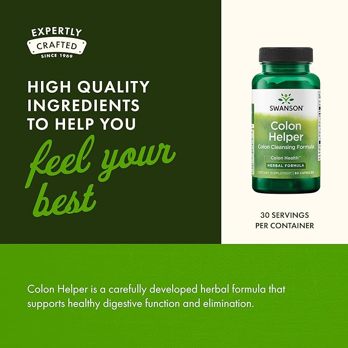 Swanson Colon Helper Herbal Digestive Supplement for Adults Seeking Healthy Eliminations with Goldenseal, Slippery Elm & Aloe (60 Capsules)