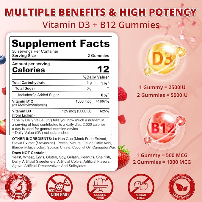 NEVISS Vegan Vitamin D3 + Vitamin B12 Gummies, High Potency D3 5000IU & 1000 mcg Methylated B12, Vitamin D3 and B12 for Adults, Support Bone Health, Immune & Energy Supplement, 60 Count