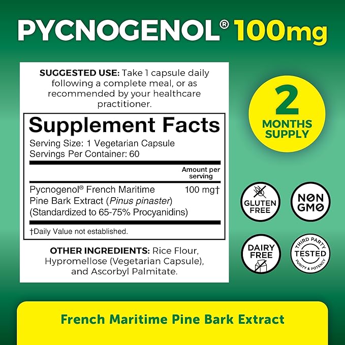 Viva Naturals Pycnogenol - 100mg French Maritime Pine Bark Extract – Supports Circulation, Antioxidant-Like Activity, Joints & Immune Health and Function – 60 Veggie Capsules