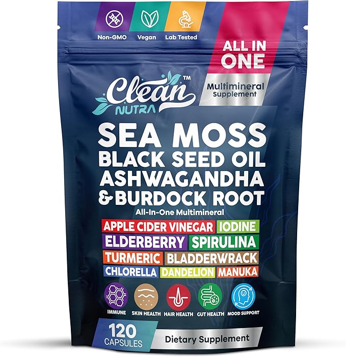 Clean Nutraceuticals Sea Moss Black Seed Oil Ashwagandha Turmeric Bladderwrack Burdock & Vitamin C Vitamin D3 with Elderberry Manuka Dandelion (120 Count (Pack of 1))
