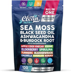 Clean Nutraceuticals Sea Moss Black Seed Oil Ashwagandha Turmeric Bladderwrack Burdock & Vitamin C Vitamin D3 with Elderberry Manuka Dandelion (120 Count (Pack of 1))
