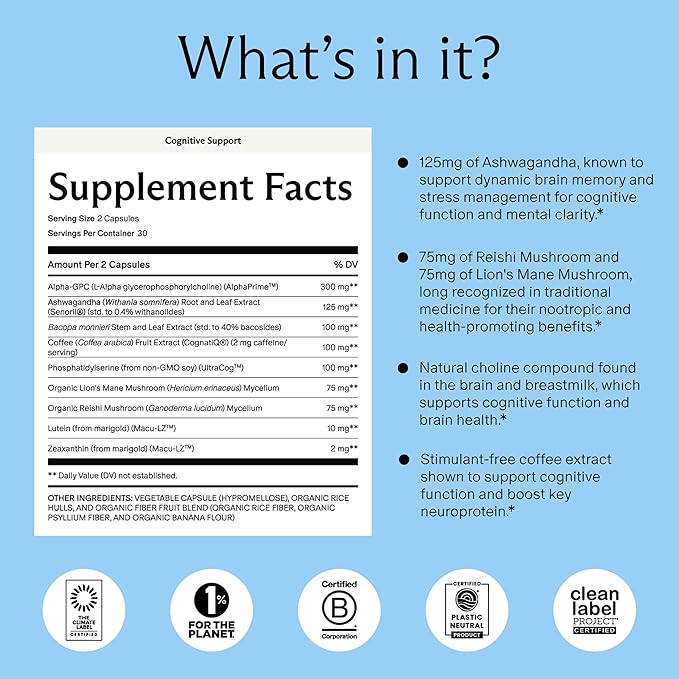 Needed. Cognitive Support - Comprehensive Supplement with Ashwagandha, Reishi & Lion's Mane Mushrooms, Breastfeeding Safe - Supports Focus, Attention, & Memory, 30-Day Supply