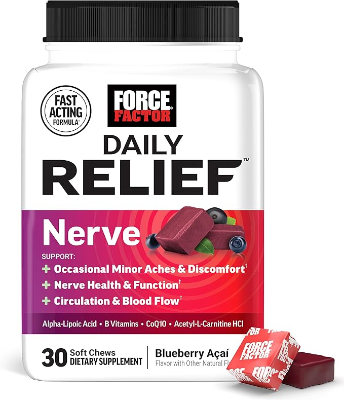 Force Factor Daily Relief Nerve Supplement with Alpha Lipoic Acid, B Vitamins, CoQ10 & Acetyl-L-Carnitine HCl for Nerve Discomfort in Hands, Feet, Toes & Fingers, Blueberry Acai, 30 Soft Chews