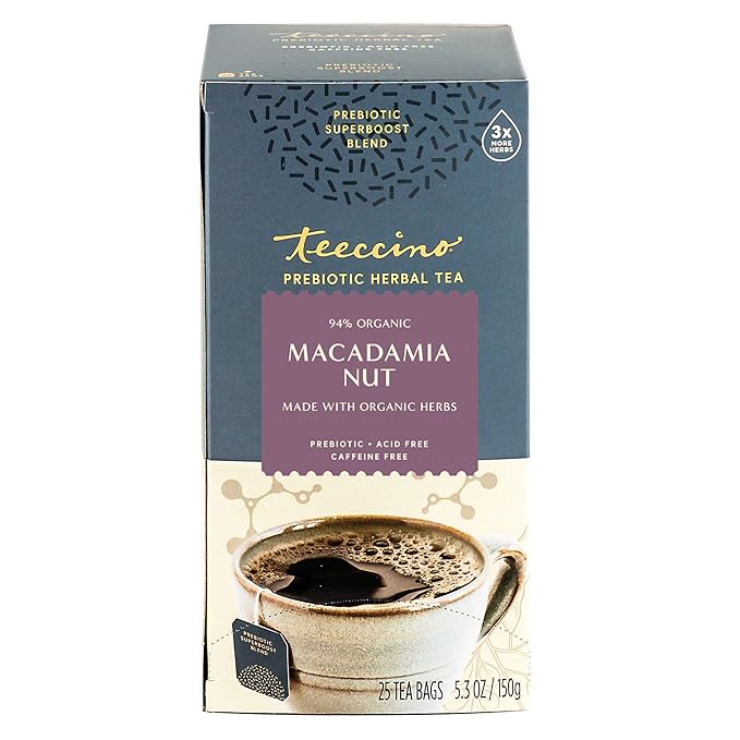 Teeccino Macadamia Nut - Prebiotic SuperBoost™ Herbal Tea - 25 Tea Bags - Support Your Probiotics with Vegan GOS & Organic XOS For Good Gut Health - Digestive Dessert Tea