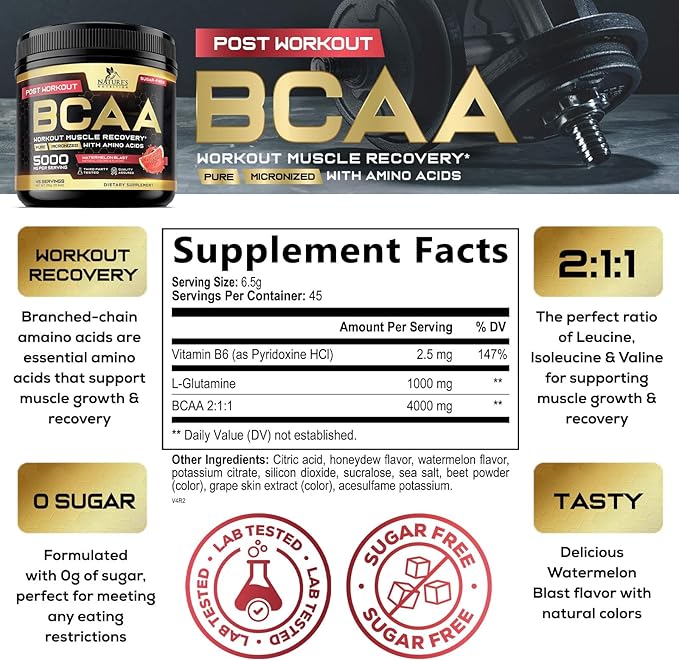 Muscle Recovery Drink Powder with BCAA, L-Glutamine & Amino Acids - Best Muscle Recovery Supplements for Post Workout - Sugar Free, Branched Chain Amino Acid Supplement for Women & Men - 45 Servings