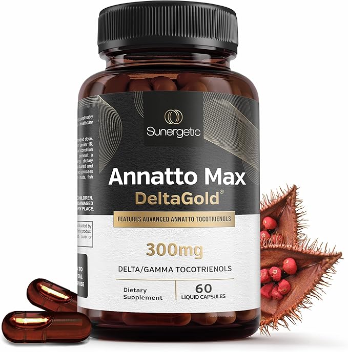 Sunergetic Premium Annatto Tocotrienol Supplement – with DeltaGold – Tocotrienols Vitamin E 300 mg – Supports Liver, Immune & Heart Health - Delta + Gamma Tocotrienols (60 Liquid Capsules)