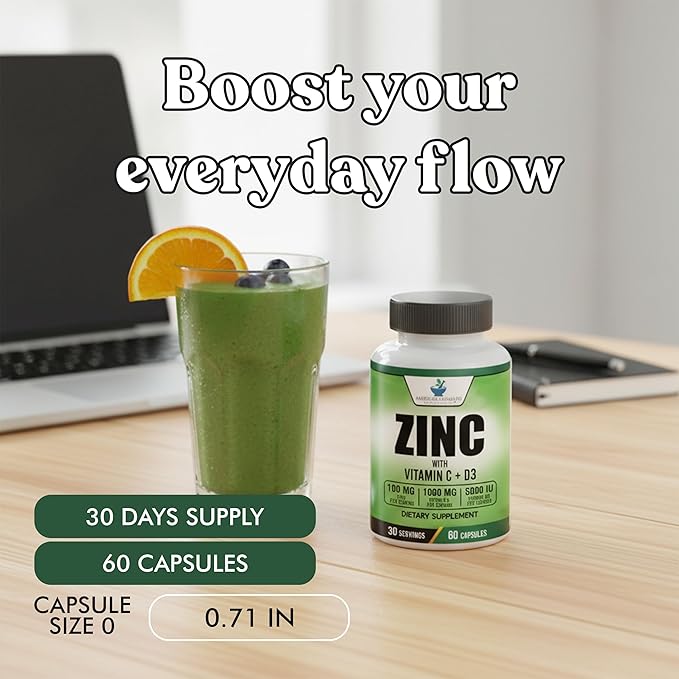 American Standard Supplements Zinc 100mg, Vitamin C 1000mg, and Vitamin D3 5000 IU (125mcg) Per Serving - Gluten Free, Non-GMO, 60 Capsules, 30 Servings