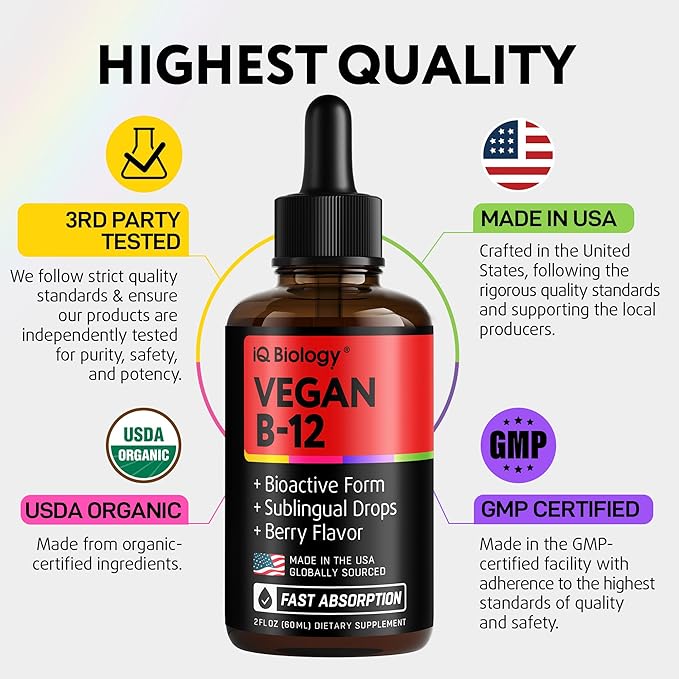 Organic Vitamin B12 Liquid Drops - Sublingual Methylcobalamin 5000 mcg - Methylated B-12 Active Coenzyme Form - Energy & Nerve System Support - Vegan Vit B 12 - USA Made - Berry Flavor - 60 servings