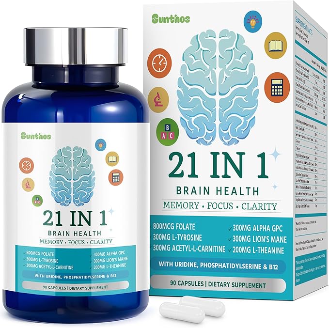Brain Supplements for Memory and Focus, 21-in-1 Brain Supplement for Mental Alertness, Cognitive with 300mg Alpha-GPC, 300mg Lion’s Mane, L-Theanine, Phosphatidylserine, Vitamins B6 B12, 90 Capsules