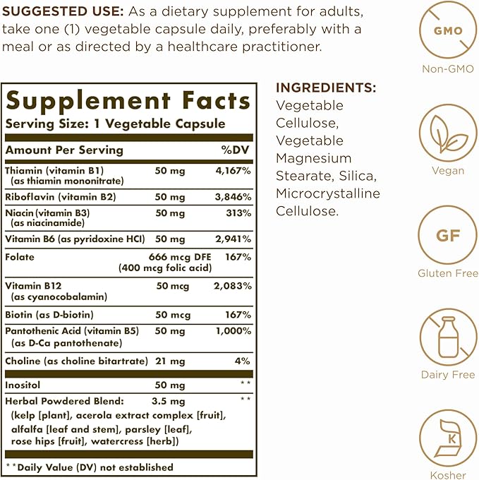 Solgar B-Complex "50" - 100 Vegetable Capsules - Energy Metabolism, Cardiovascular & Nervous System Support - Non-GMO, Vegan, Gluten Free - 100 Servings