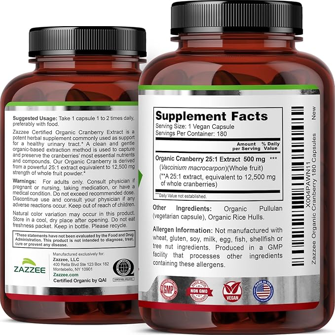 Zazzee USDA Organic Cranberry 25:1 Extract, 500 mg per Capsule, 180 Vegan Capsules, 6 Month Supply, Certified Kosher, Vaccinium Macrocarpon, Urinary Tract & Bladder Support, Non-GMO, Made in the USA