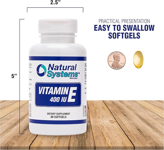 Vitamin E 60 Softgels 400 IU by Natural Systems - Vitamin E Supplements Immune System Support * - Softgels Skin Care - Natural VIT E Non-Sugar, Non-Artificial Flavors or Preservatives