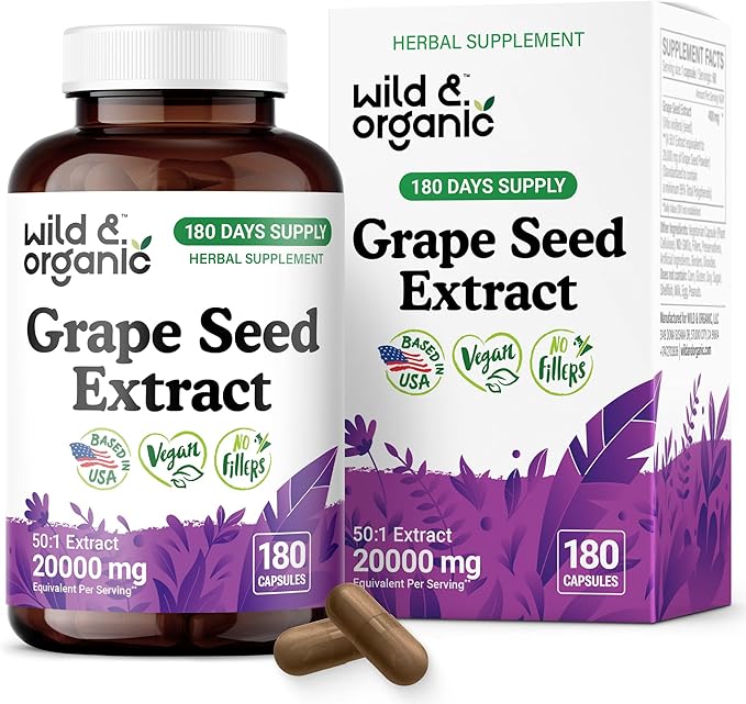 Wild & Organic Grape Seed Extract Capsules - Antioxidant Support - Grapeseed Extract 400 mg - 95% Polyphenols - 180 Vegan Capsules - 6 Month Supply - Non-GMO