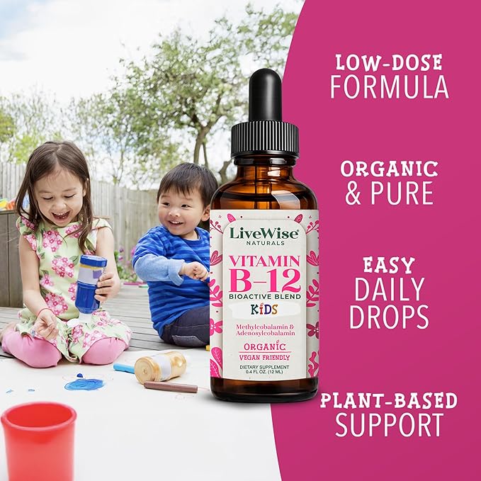 Organic Vitamin B12 Liquid Drops for Kids – Bioactive Blend with Methylcobalamin & Adenosylcobalamin - Vegan, Non-GMO, USDA Organic, 3 Months Supply, 0.4 FL OZ