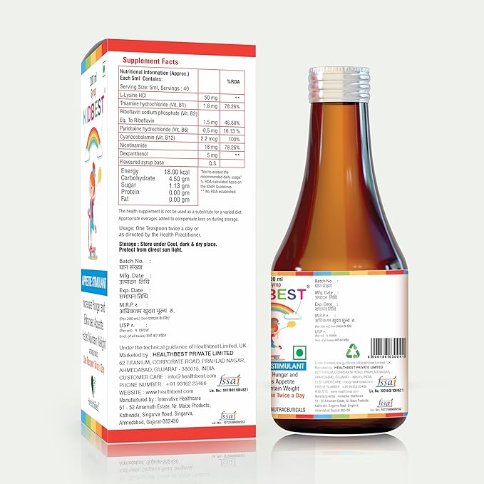 HealthBest Kidbest Appetite Booster for Kids 3-13 Yrs with L-Lysine & B Vitamins Syrup, Helps Healthy Weight Gain, Pineapple Flavor, Increases Hunger, Appetite Stimulant, 200ml