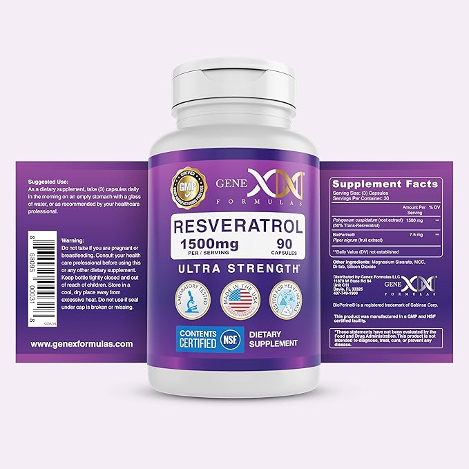 Genex Formulas 1500mg Resveratrol with BioPerine for Absorption (3 Pack) | Organic Trans-Resveratrol Capsules from Japanese Knotweed, Antioxidant Supplement for Healthy Aging
