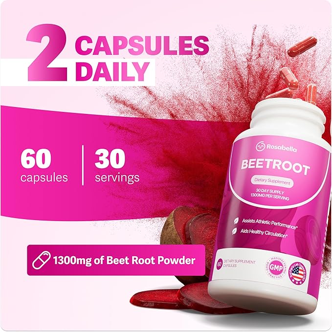 Rosabella Organic Beet Root Capsules - 1300mg Beet Root Powder Aids Healthy Circulation & Vitality, Non-GMO, Beet Root Supplement - 60 Capsules, 30-Day Supply