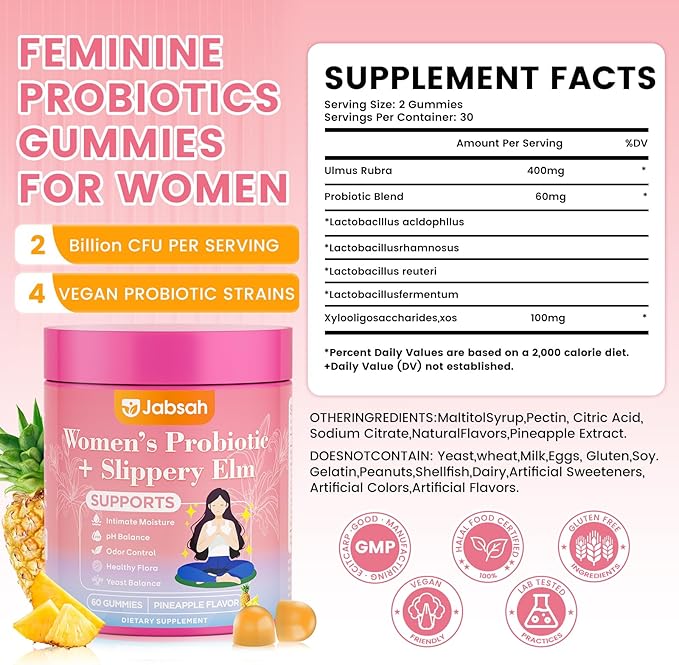 Her Juicy Feminine Probiotics Gummies for Women, Women's Probiotic Gummy with Slippery Elm - Supports pH Balance, Vaginal Health, Gut & Immune System Health for Women - Tasty Pineapple (60 Count)
